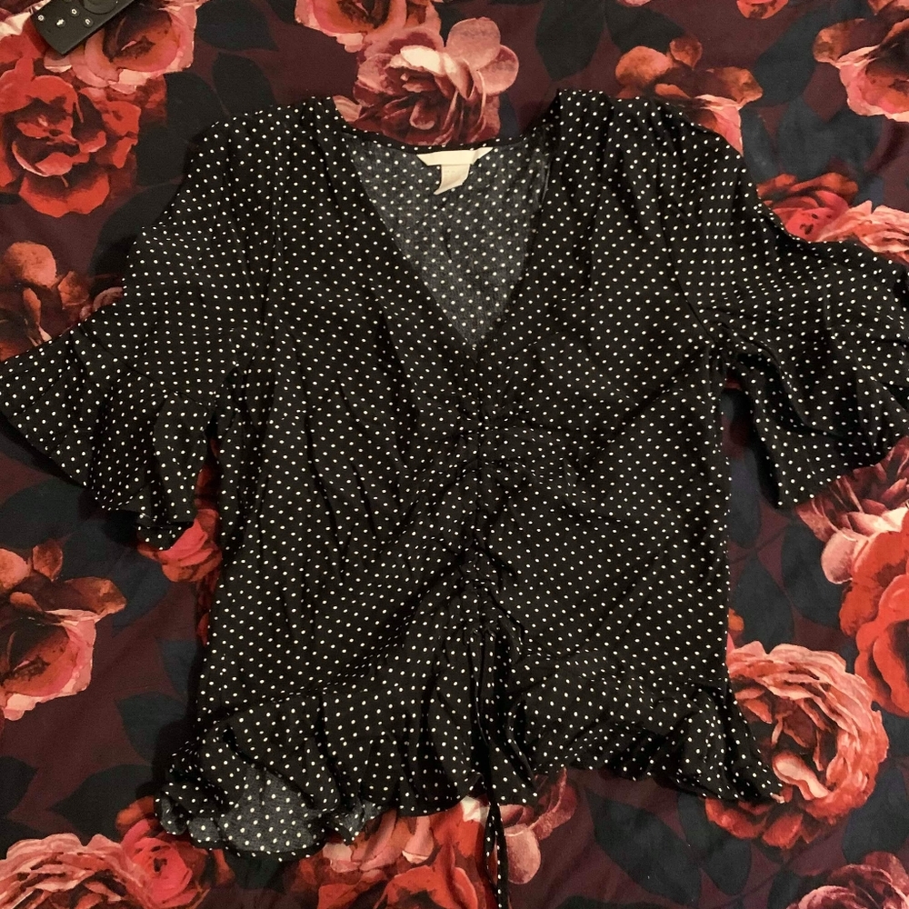 Black Polka Dot V-neck Top